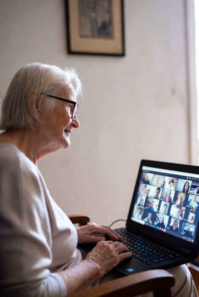 An older adult smiling while using a laptop for a large group video call, showing how refurbished tech helps seniors stay connected.